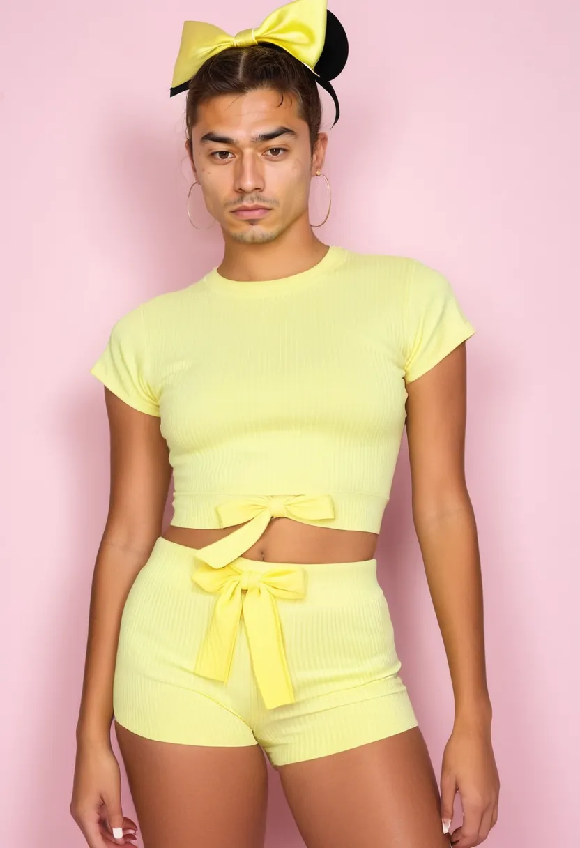 A boy wearing a kawaii matching set with pale yellow ribbed crop top and high-waisted shorts featuring a large bow at the waist