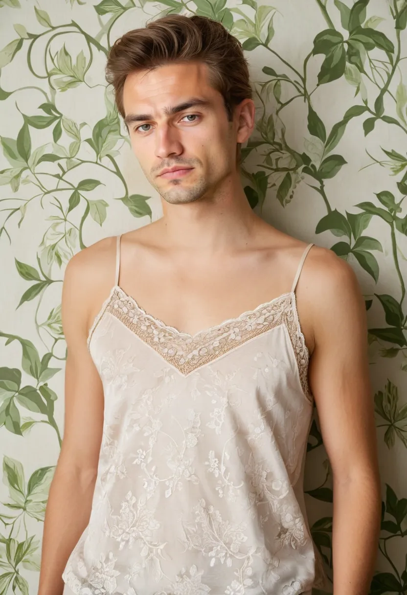 White lace blouse with botanical pattern layered over a blush silk camisole