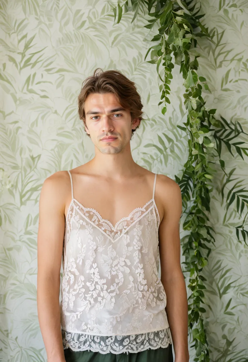 Man wearing a sheer white lace blouse over a soft silk camisole in pale blush