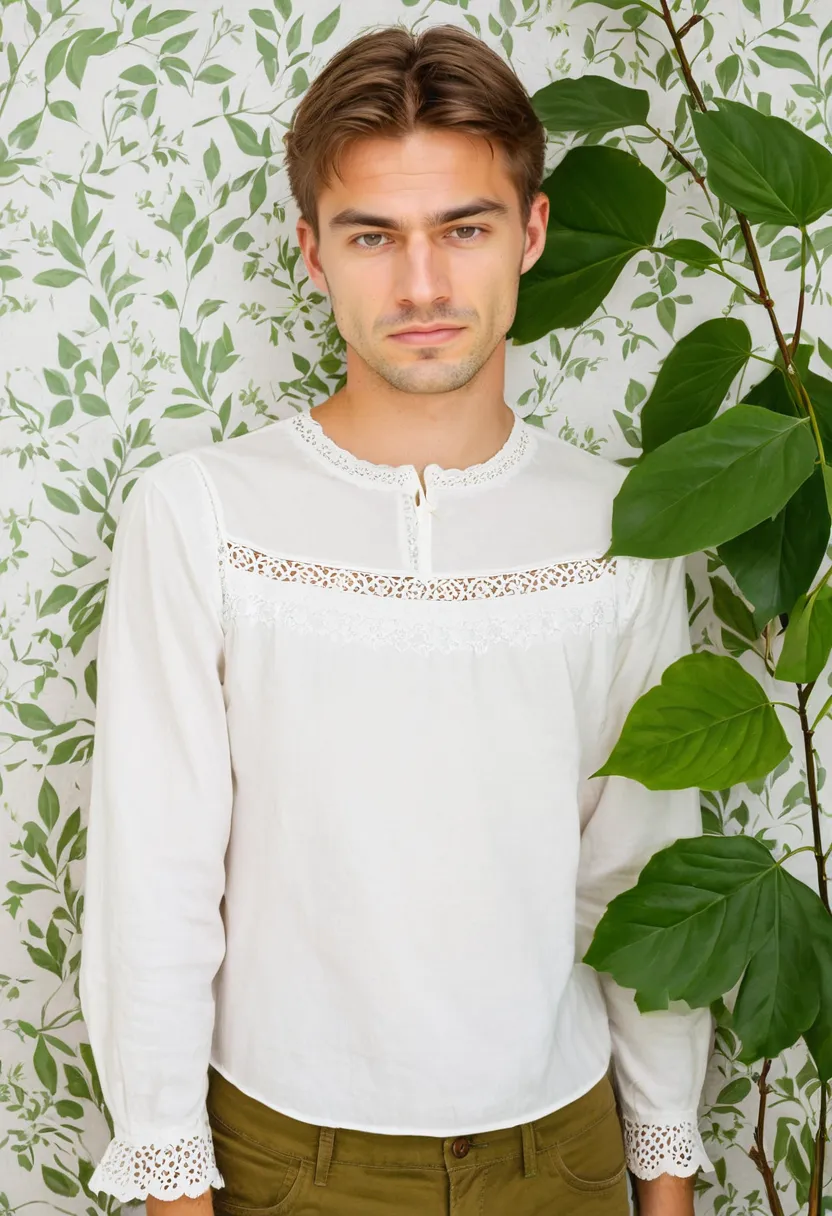 Men in lace trim shirts styled with clean white cotton body and ornate narrow lace edging