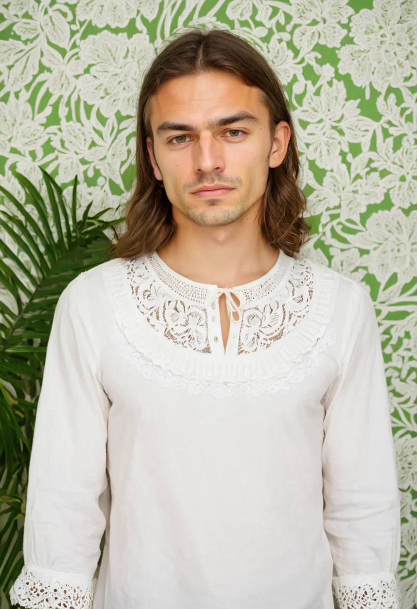 Close view of delicate scalloped lace border on a white cotton men's blouse against green foliage