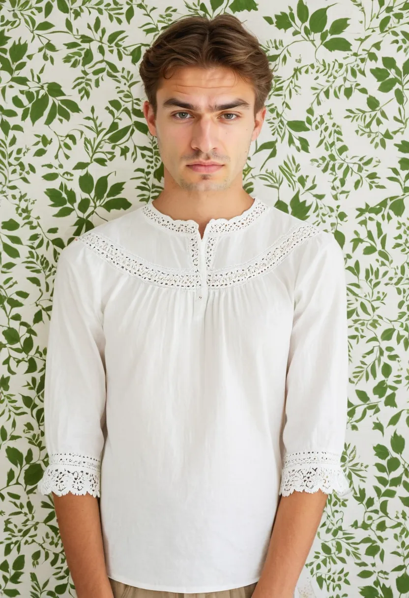 Man wearing a plain white cotton blouse with narrow scalloped lace trim at the neckline and cuffs, green leaf wall background