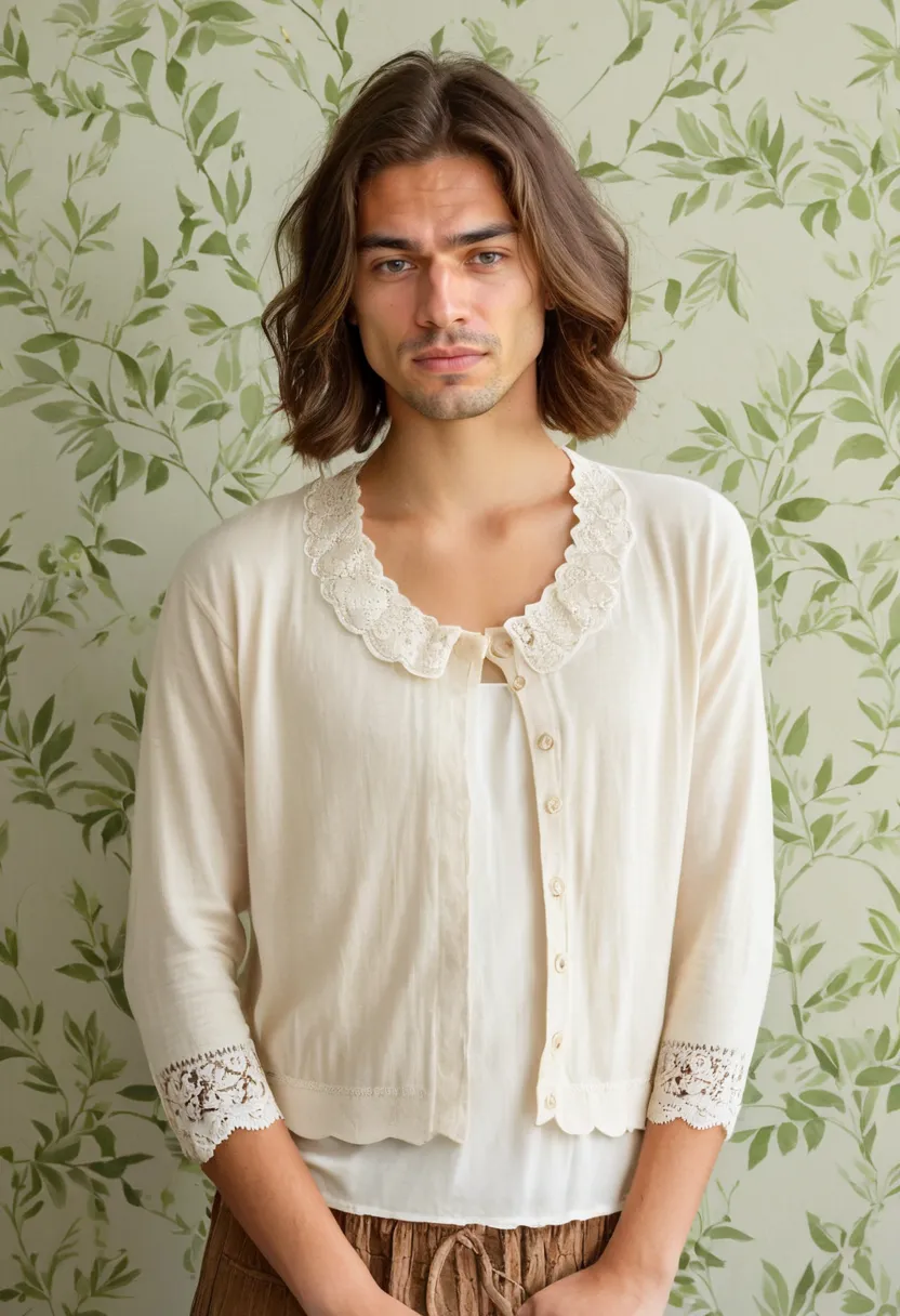 Lace cuff edges visible below cardigan sleeves in soft layered feminine look