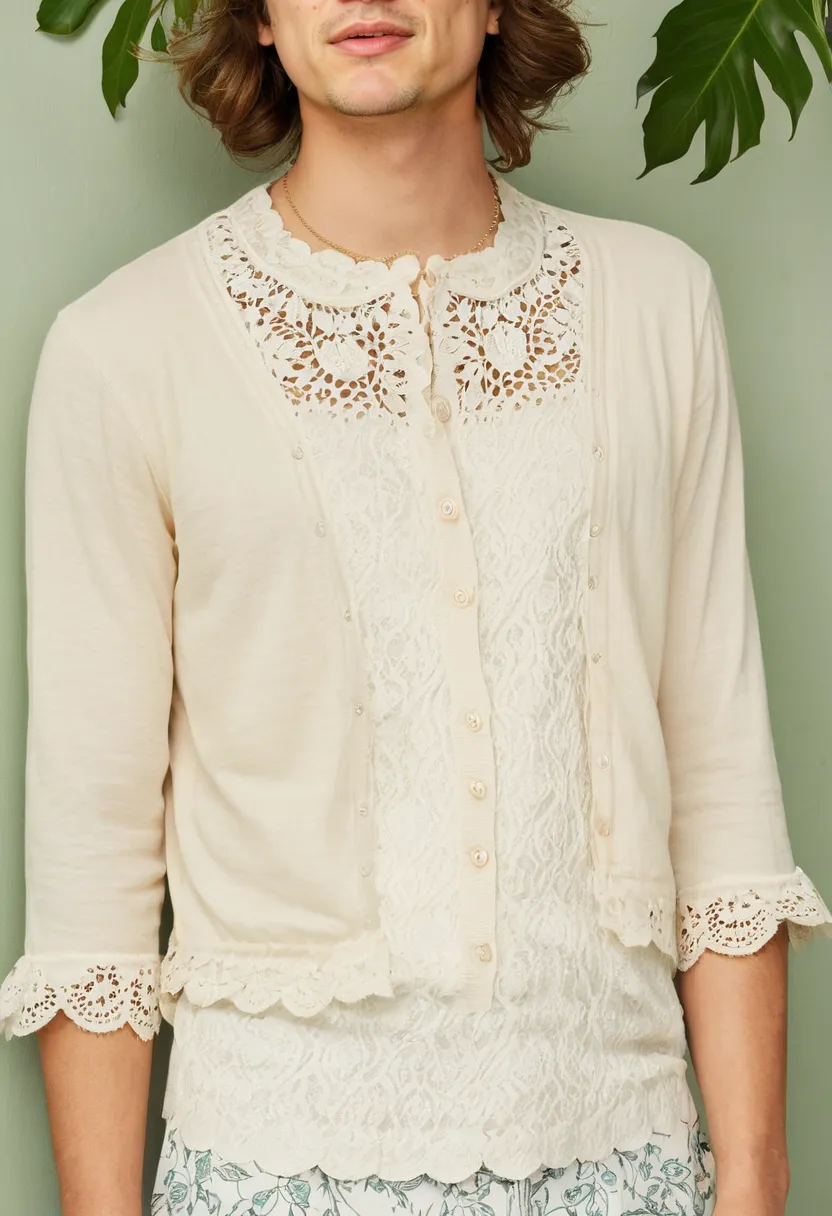 Man wearing pale cream lace trim blouse layered under soft cardigan with scalloped lace peeking above neckline