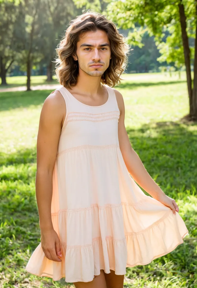 Man in flowing peach tiered dress with fitted smocked bodice and three-tier ruffled skirt