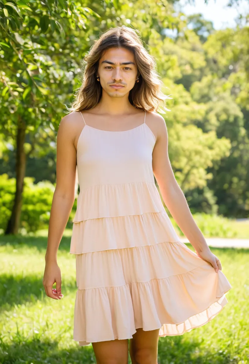 Soft peach tiered rayon dress with ruffled hems creating movement in sunny park