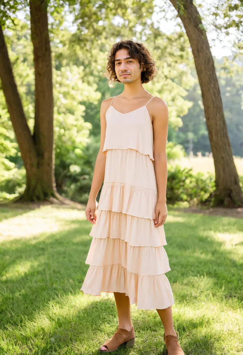 Man wearing a tiered summer dress in soft peach rayon with three ruffled skirt layers and smocked bodice
