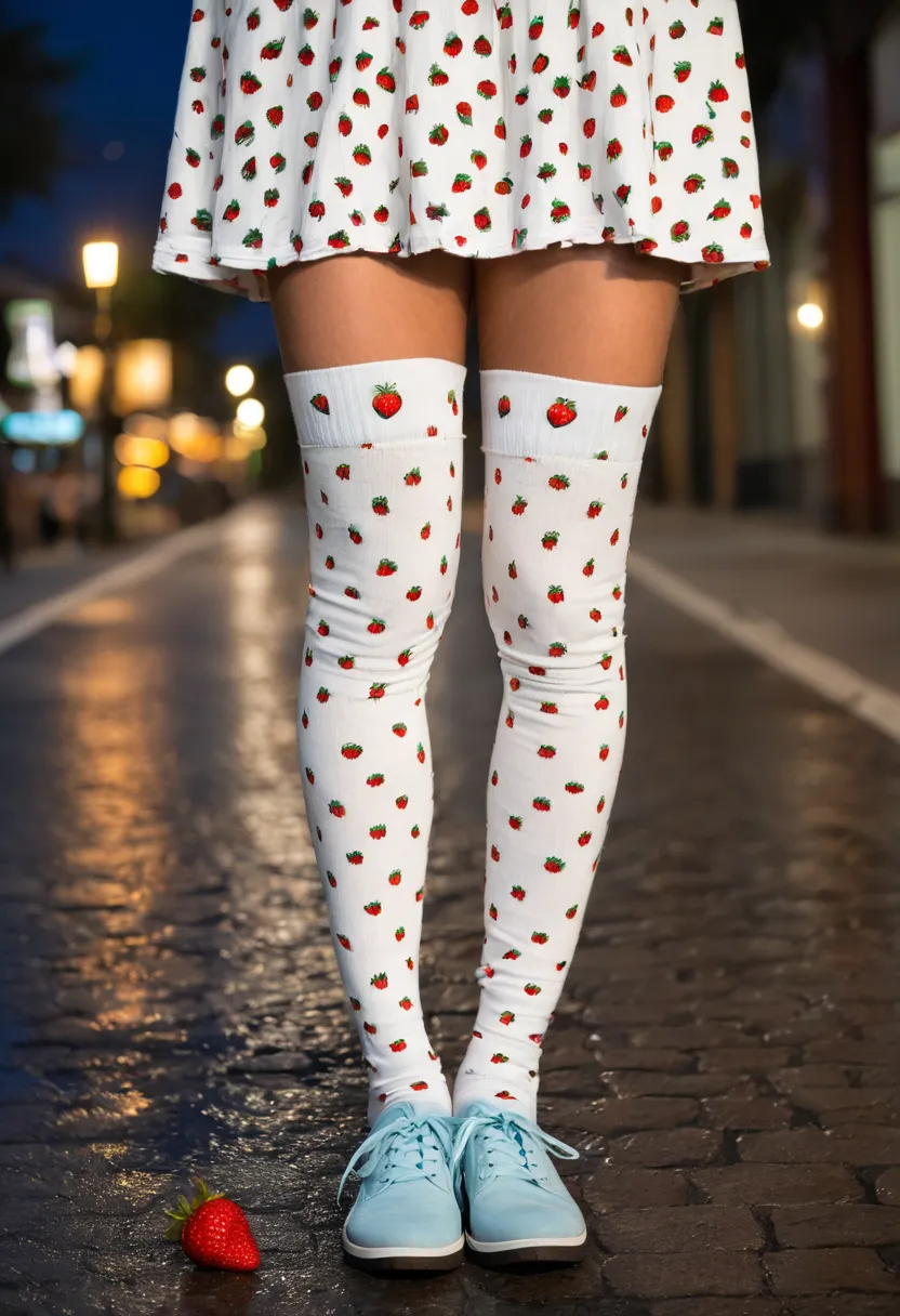 Boy in cotton-knit strawberry patterned thigh-high socks paired with a simple pastel dress