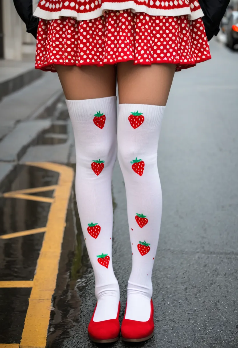 Man wearing white strawberry print thigh-high socks with pastel dress on wet night street