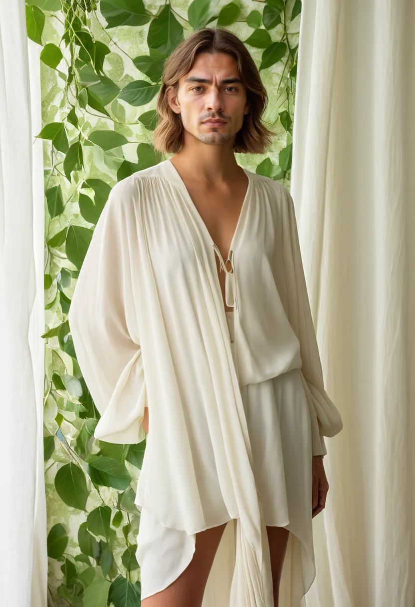 Man in voluminous ivory chiffon blouse with fabric draping softly in generous folds, green leaf background