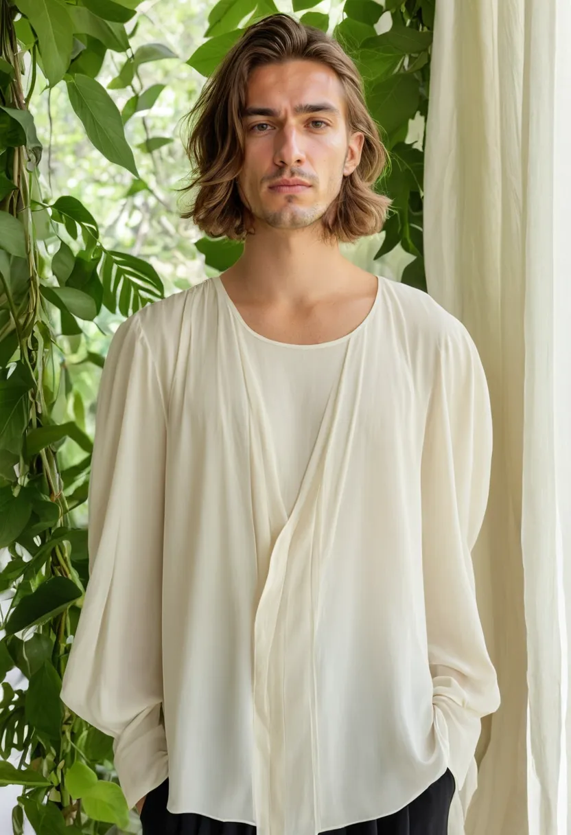 Man wearing an oversized chiffon blouse in soft ivory with dramatically wide silhouette and long wide sleeves against a green leaf wall