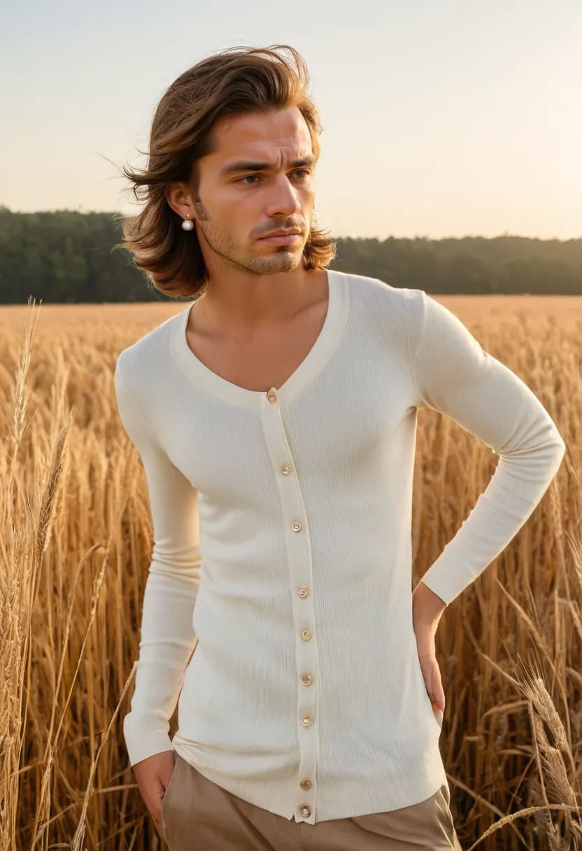 Close detail of a soft ivory fitted cardigan with delicate pearl buttons and ribbed cuffs against sunset lighting.