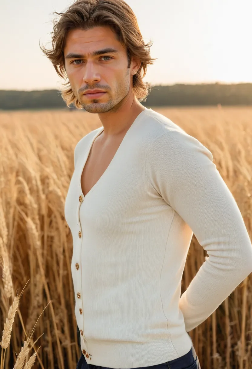 A man wearing a fitted fine-knit ivory cardigan with small pearl buttons down the front, ribbed trim, and an elegant slim shape in a sunset field.
