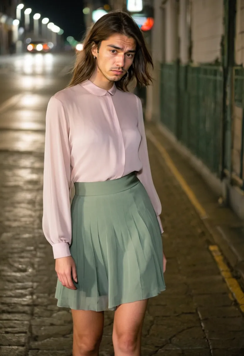 Man wearing a pale pink chiffon blouse layered over a sage green satin skirt on a wet night street