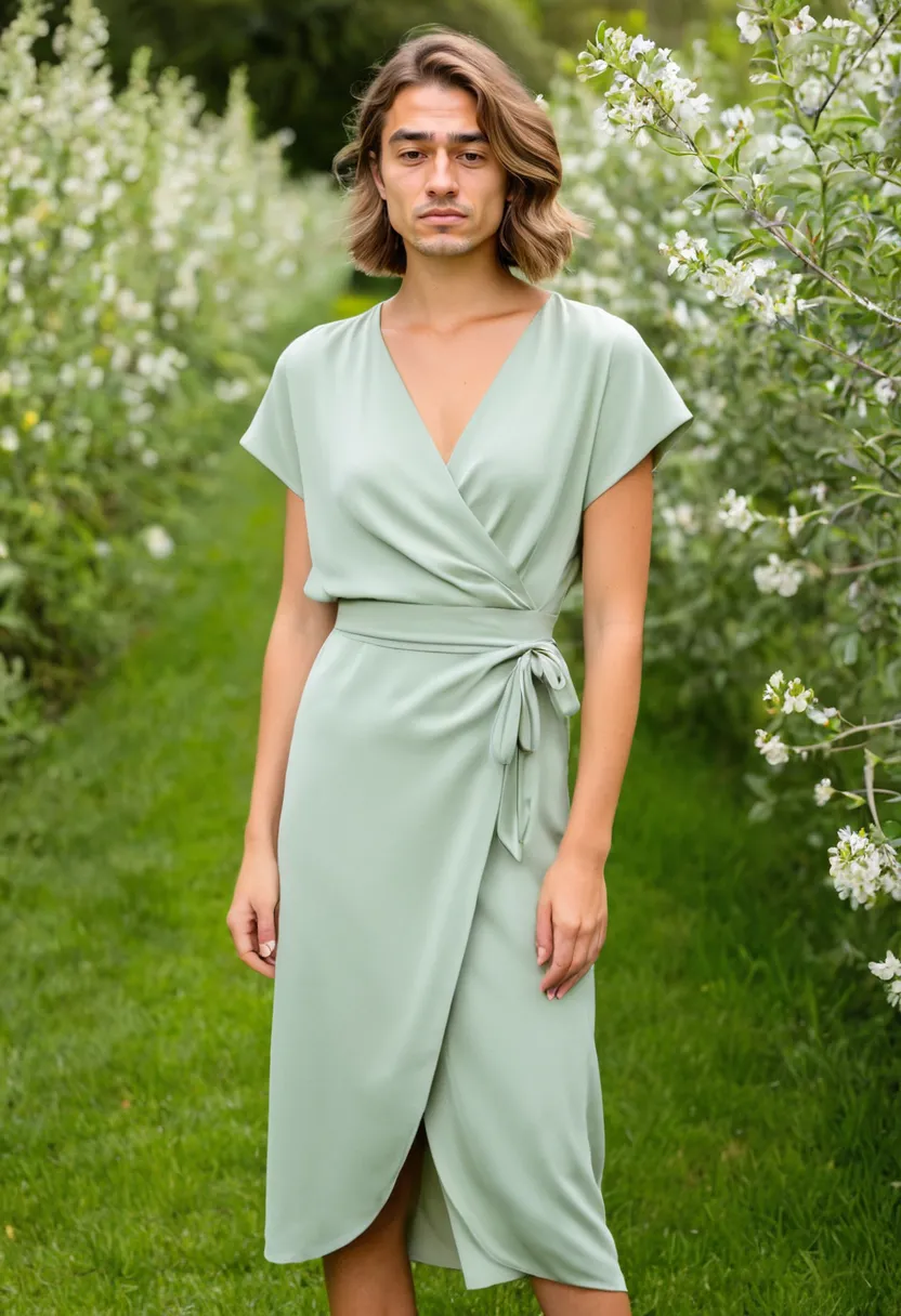 Side view of a sage green wrap dress showing the diagonal fold at the wrap front and the clean drape of the crepe fabric
