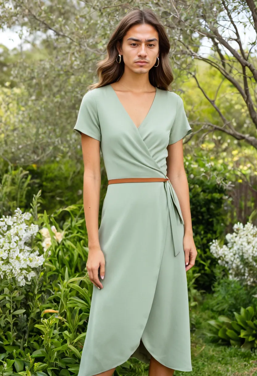 A man wearing an elegant wrap dress in soft sage green crepe with V-neckline and midi hem in a blooming garden