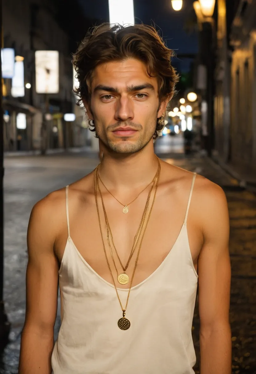 Boy in soft ivory silk camisole with three layered gold necklaces at different lengths and small pendants, standing on wet pavement at night