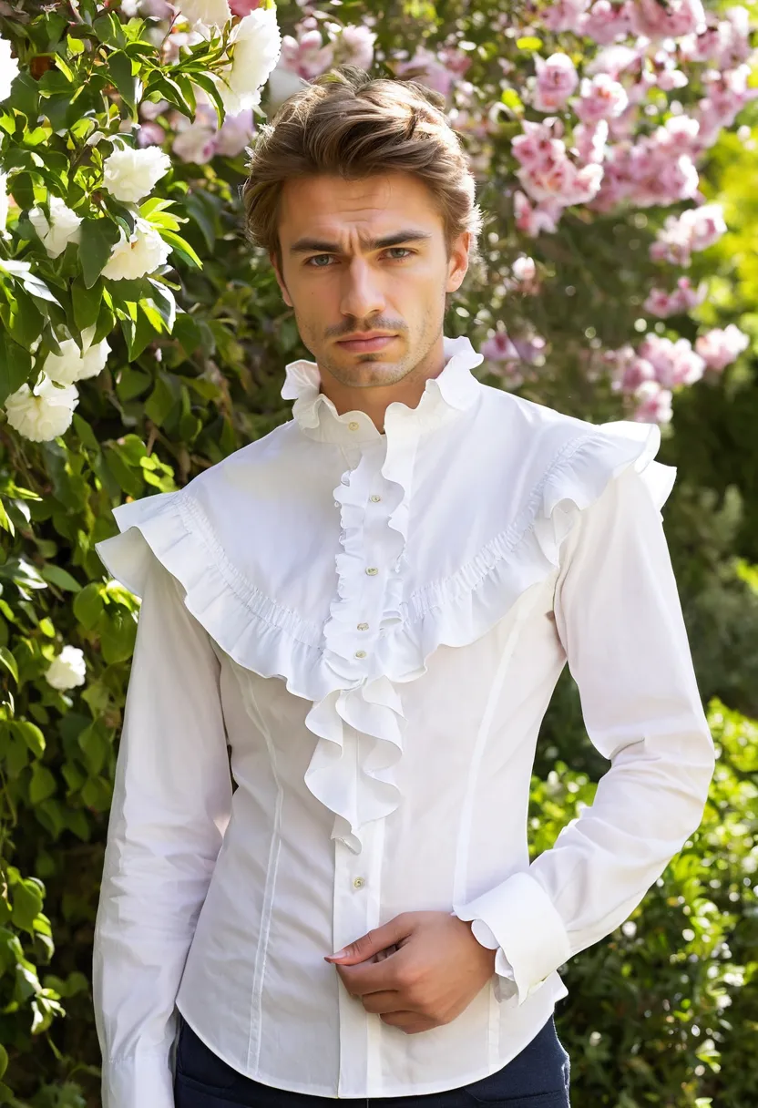 crisp white cotton ruffled shirt with scalloped pressed ruffles, fitted through the torso, soft focus garden background