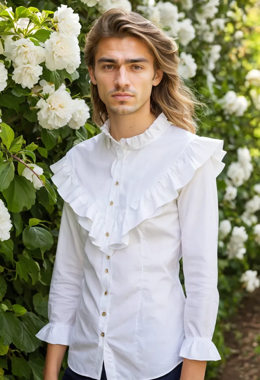 man wearing a white ruffled button-down shirt with double-ruffle jabot down the center front and French cuffs, photographed in a blooming garden