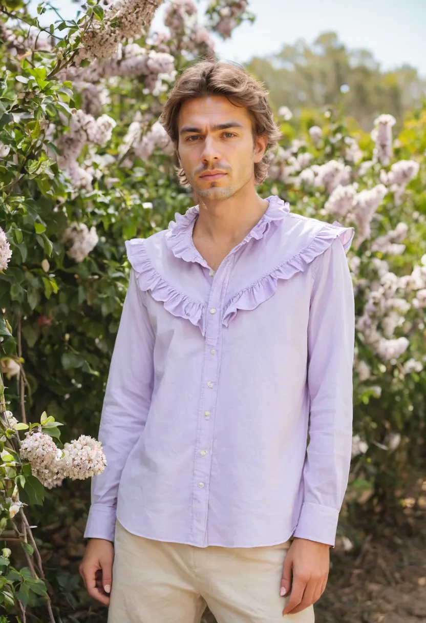 relaxed fit pale lilac ruffled shirt with delicate frills at collar and down the placket in blooming garden setting