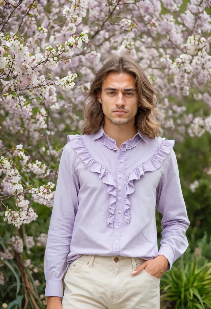 soft cotton pale lilac ruffle shirt, lightweight slightly crinkled fabric with soft matte finish