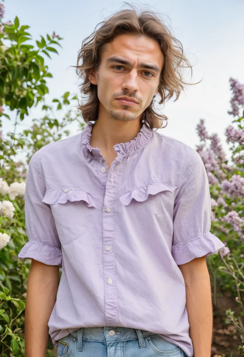 man wearing a pale lilac ruffled shirt with delicate ruffles framing the collar and placket, soft pastel color in blooming garden