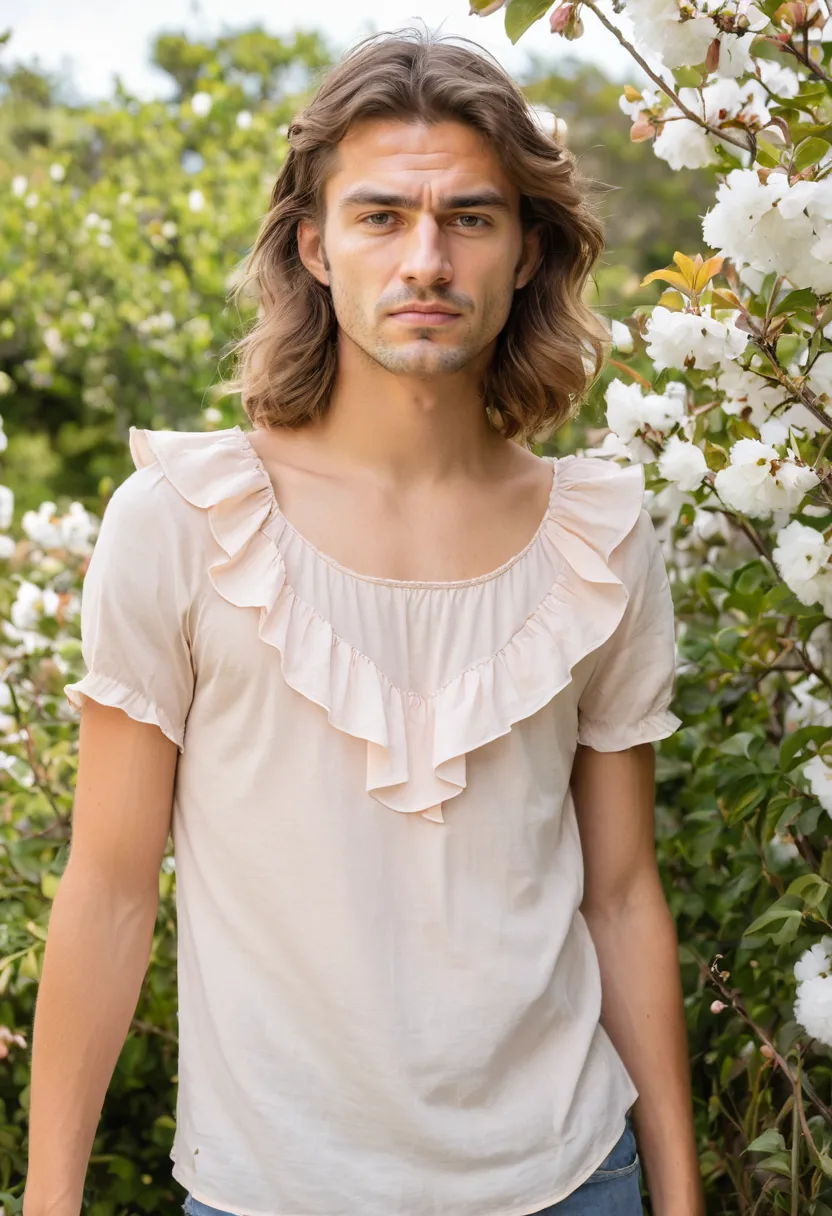 Close view of man wearing fitted pale blush cotton blouse featuring delicate single ruffle along neckline with slightly sheer lightweight cascading fabric