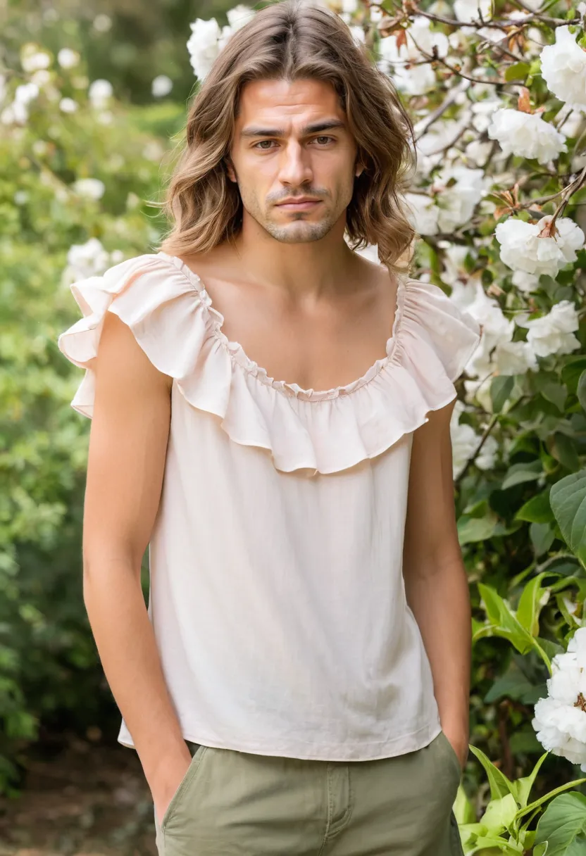 Man in soft blush ruffled top with single neckline ruffle detail, fitted silhouette with loose cascading lightweight fabric creating gentle frame around collar area