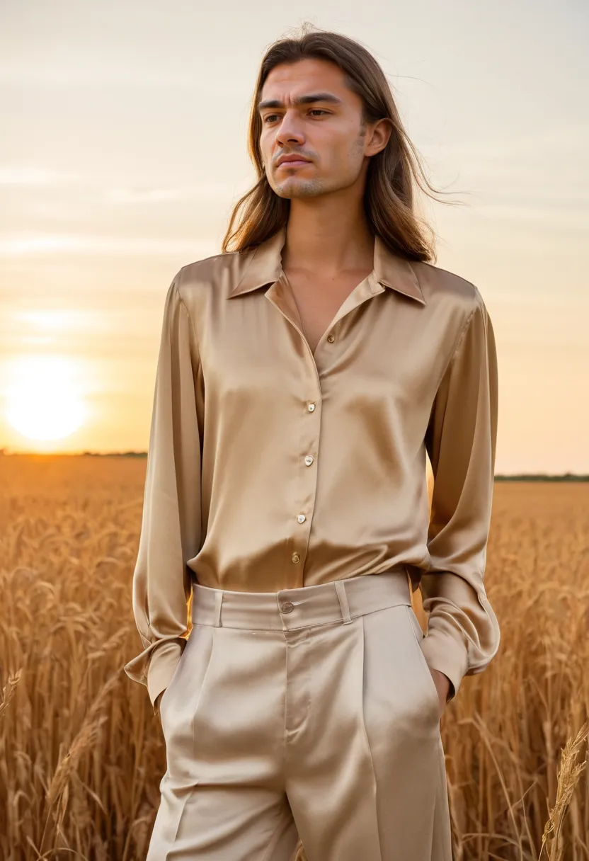 Close-up of high-sheen champagne satin blouse reflecting light along fabric folds on male model