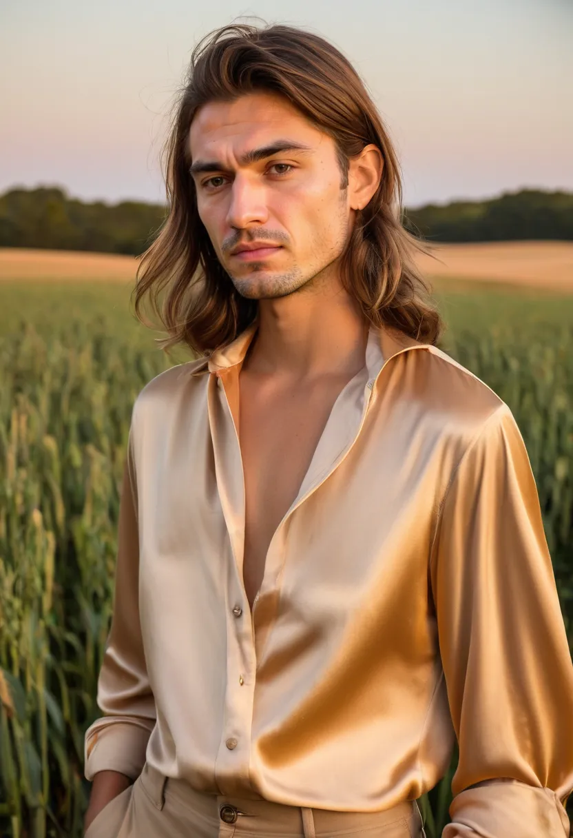 Champagne gold satin blouse showing luminous fabric creases and soft drape on man in outdoor setting