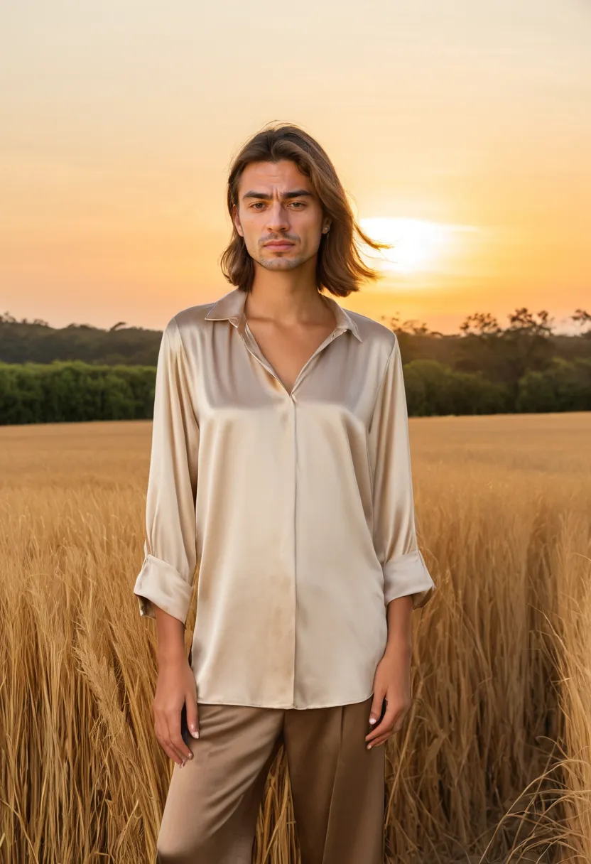 Man wearing a silky champagne gold satin blouse with high-sheen fabric and wide collar in a sunset field