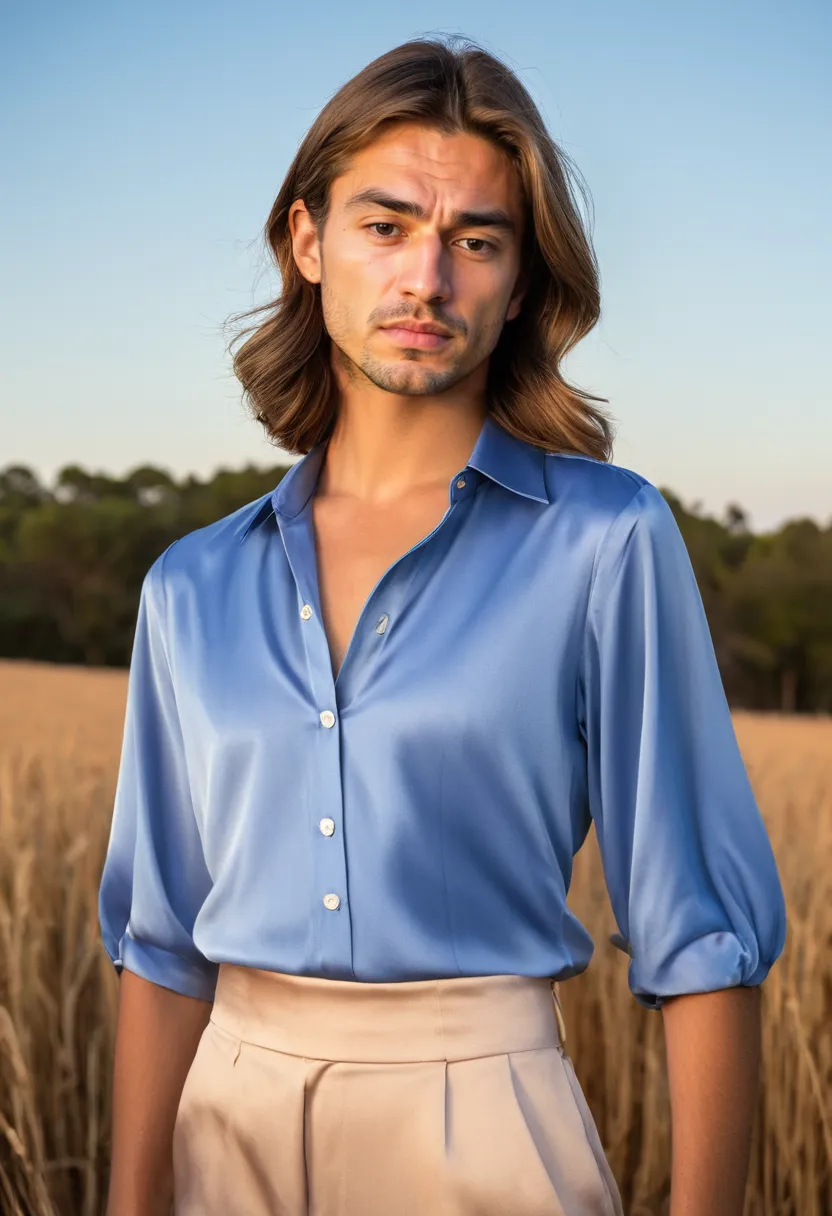 Perfectly pressed cobalt blue satin blouse showing rich color depth and fitted elegant silhouette on male model