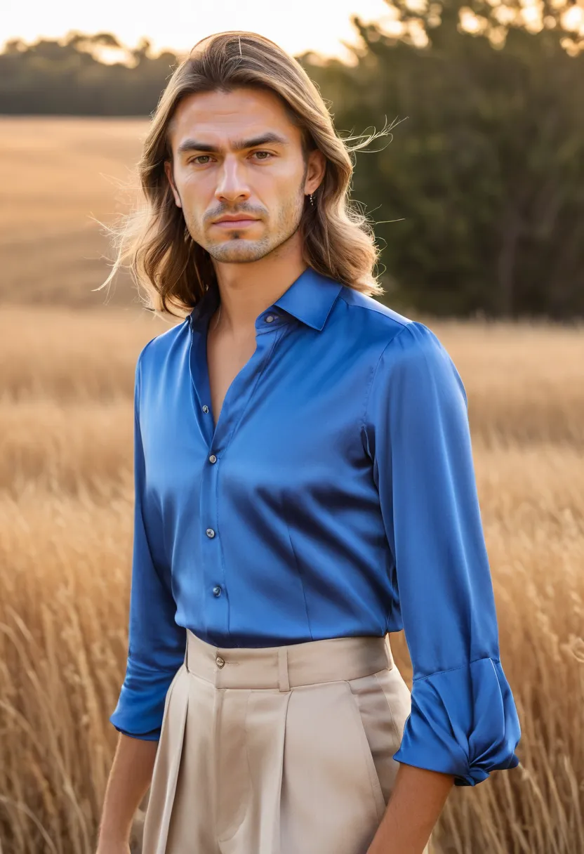 Man wearing an impeccably smooth cobalt blue satin blouse with crisp fold lines and high-gloss finish