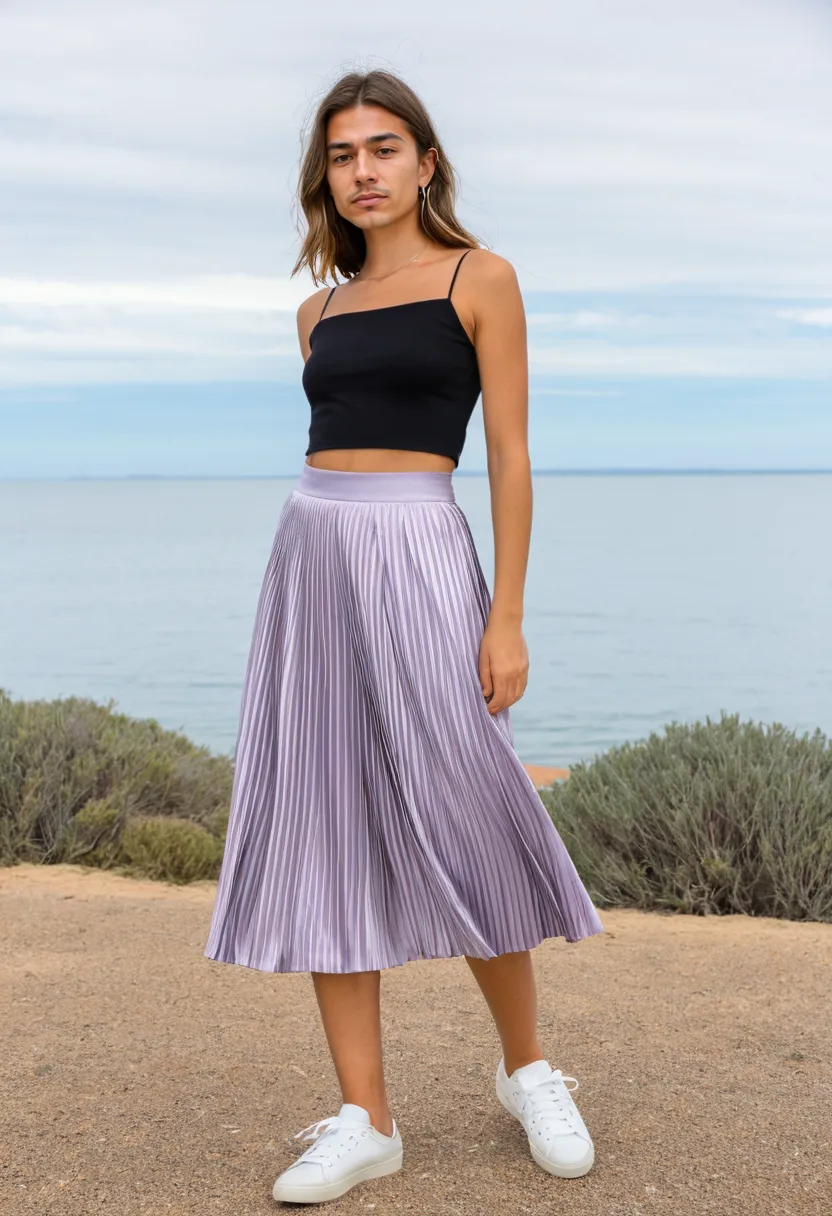 Lavender satin pleated skirt on a man, pleats catching light as they fan open