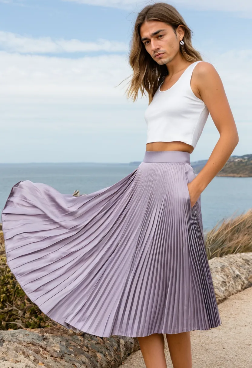 Man wearing a dusty lavender pleated midi skirt with accordion pleats and satin-finish fabric