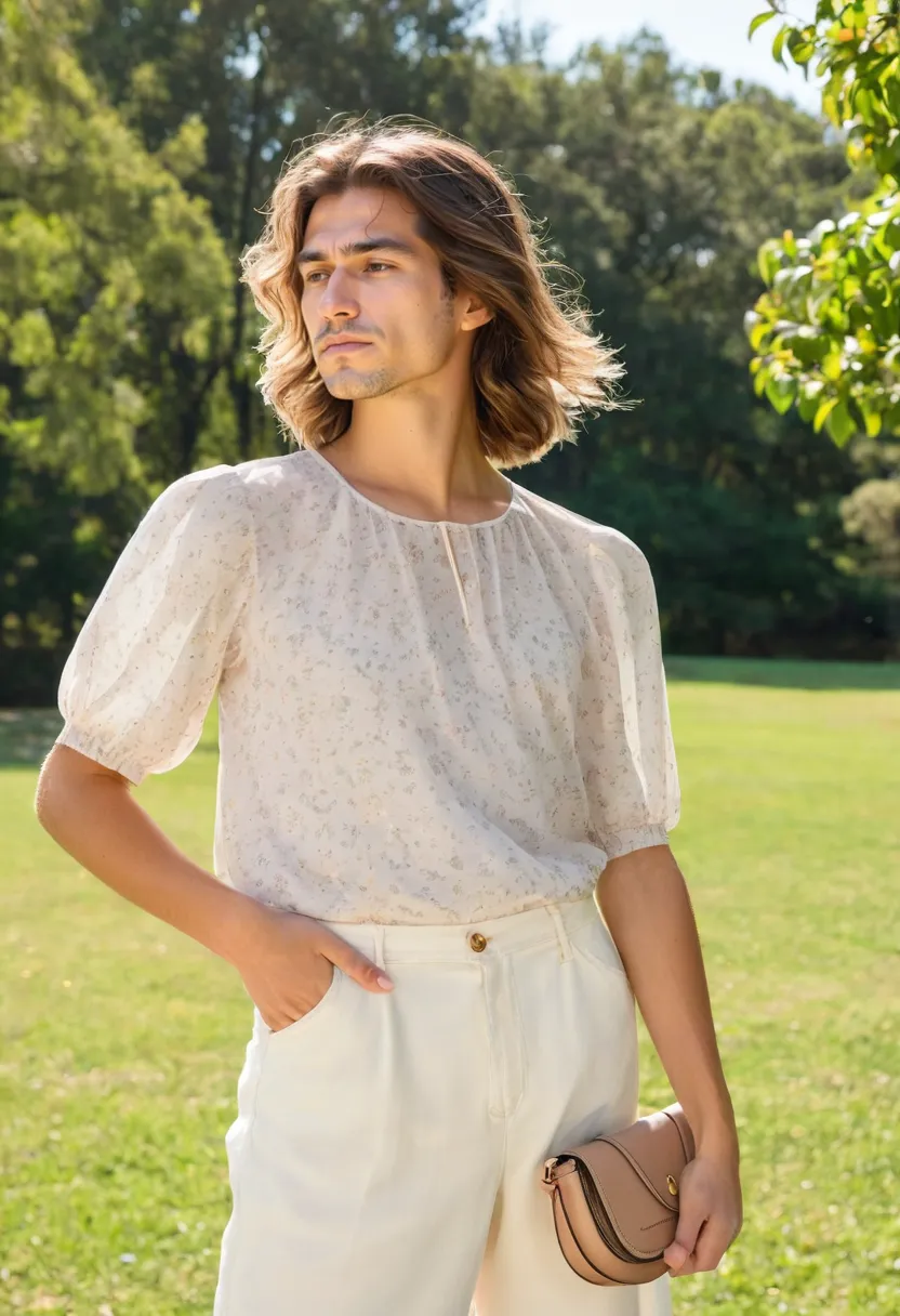 Full outfit view of man in ivory and blush floral chiffon blouse, relaxed fit with elastic cuff puff sleeves, bokeh background
