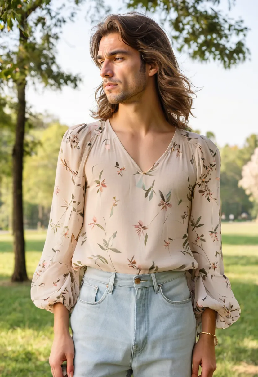 Close-up of floral chiffon blouse with puff sleeves and blush print, soft waist drape on male frame in dappled park light