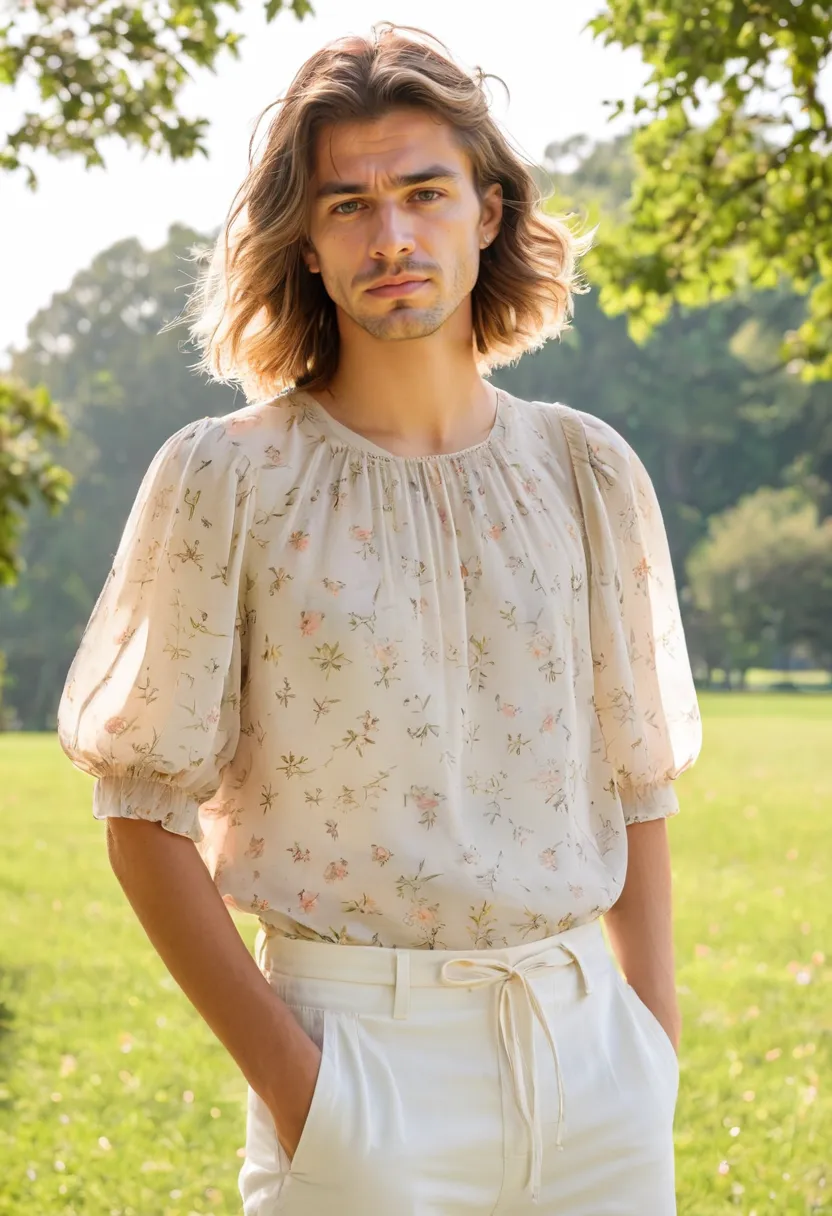 A man wearing a delicate floral-print blouse in sheer chiffon with soft transparency, small puff sleeves with elastic cuffs, pale ivory and blush floral pattern, sunny park background