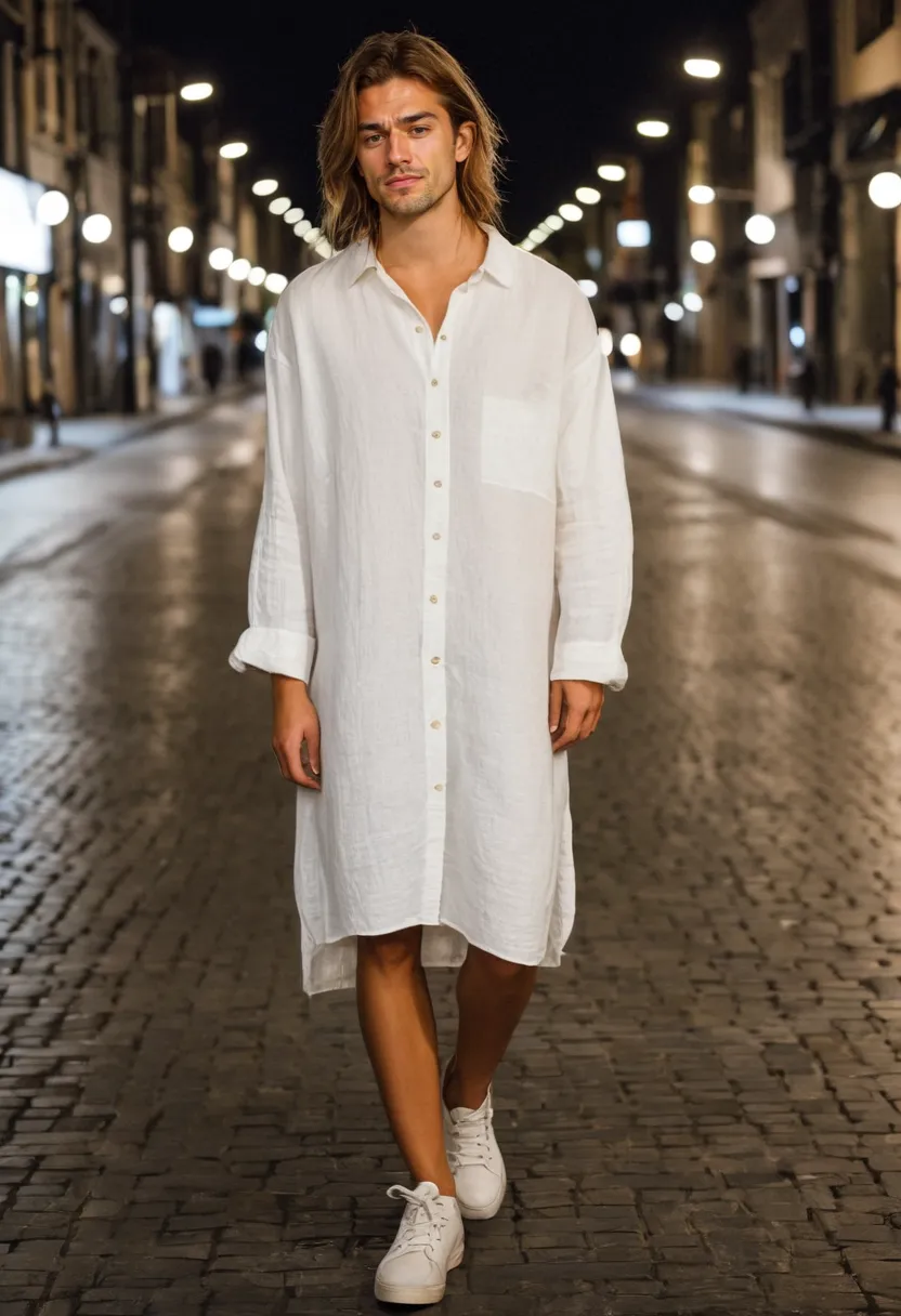 Feminine summer outfit on a boy featuring a slightly crinkled white linen dress