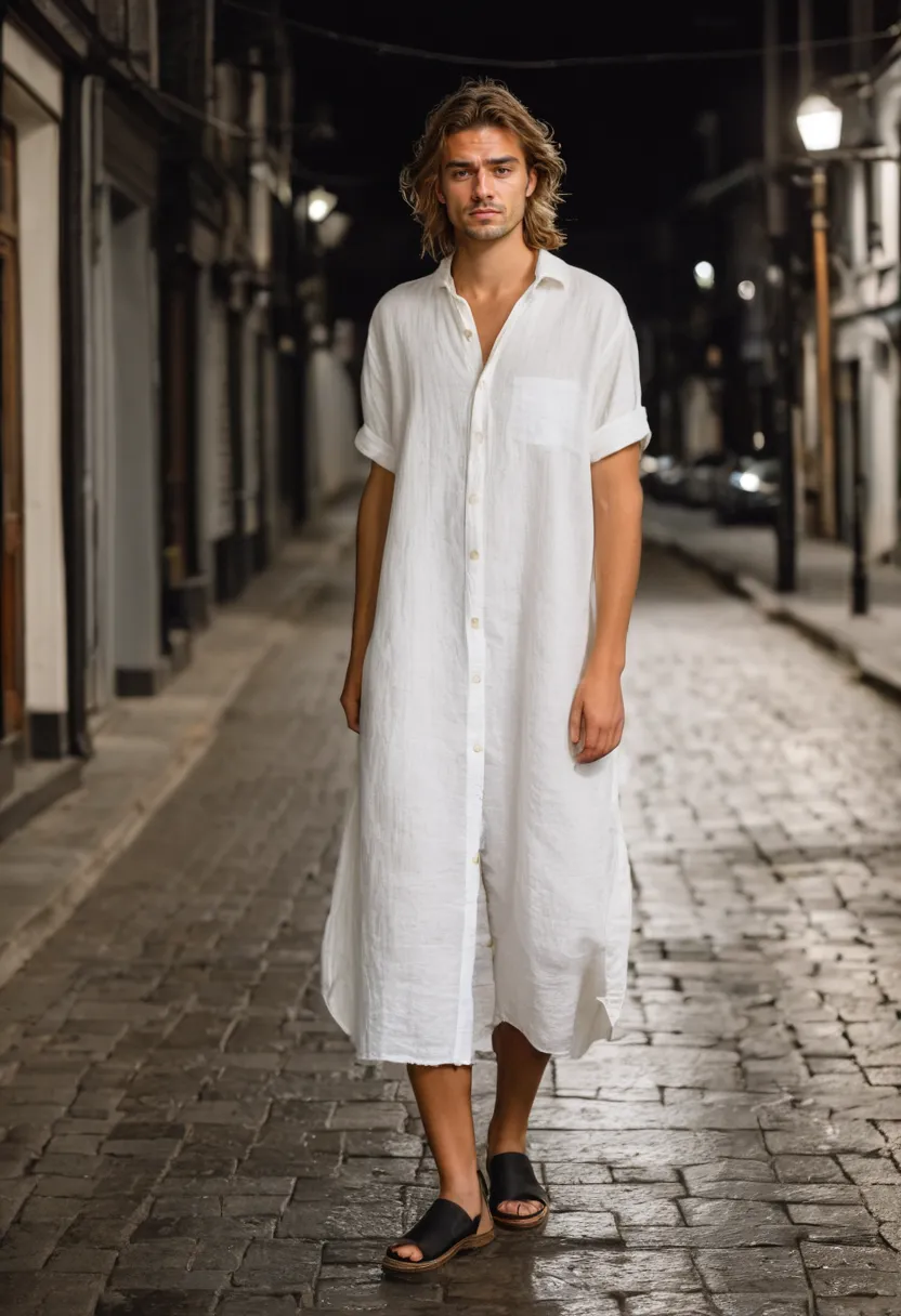 Airy and breathable linen shirt-dress in natural white for men in summer feminine clothes