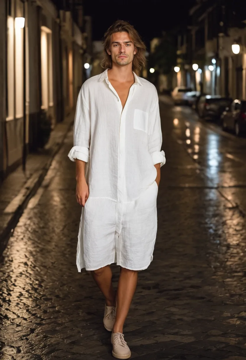 Boy wearing an oversized white linen shirt-dress with loose relaxed silhouette and visible natural weave
