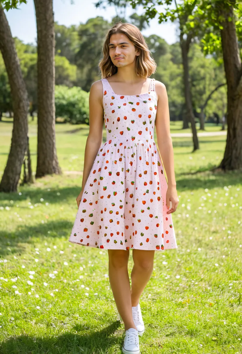 boys in sweet feminine dresses with playful scattered strawberry motif and fitted bodice