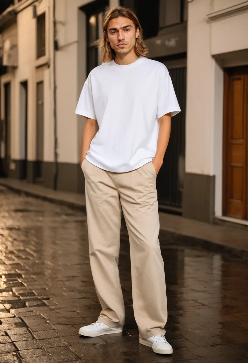 Clean unfussy unisex styling with oversized white t-shirt and relaxed chinos against a reflective wet pavement backdrop