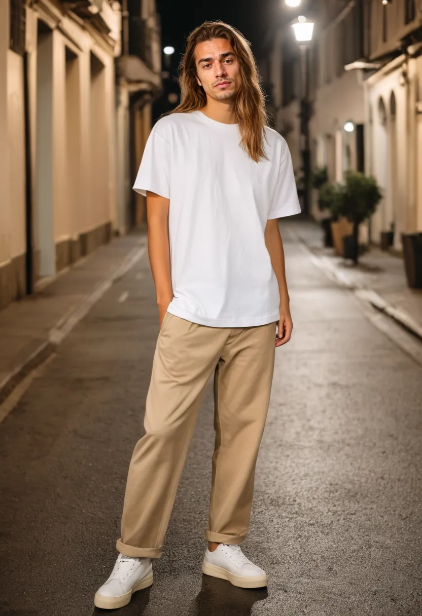 Unisex fashion look featuring soft cotton jersey tee and warm beige chinos in neutral tones