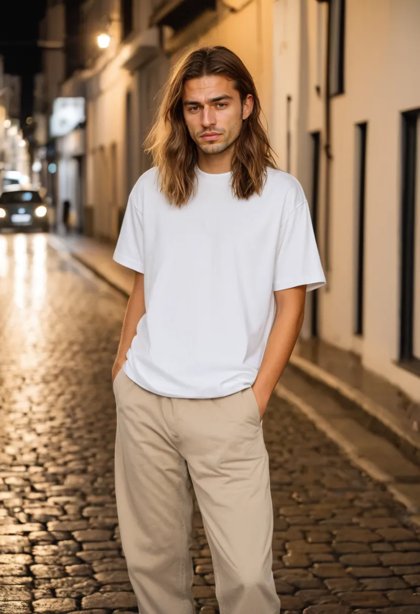 Boy wearing oversized white cotton jersey t-shirt with straight-leg beige chinos on an empty night street with wet pavement