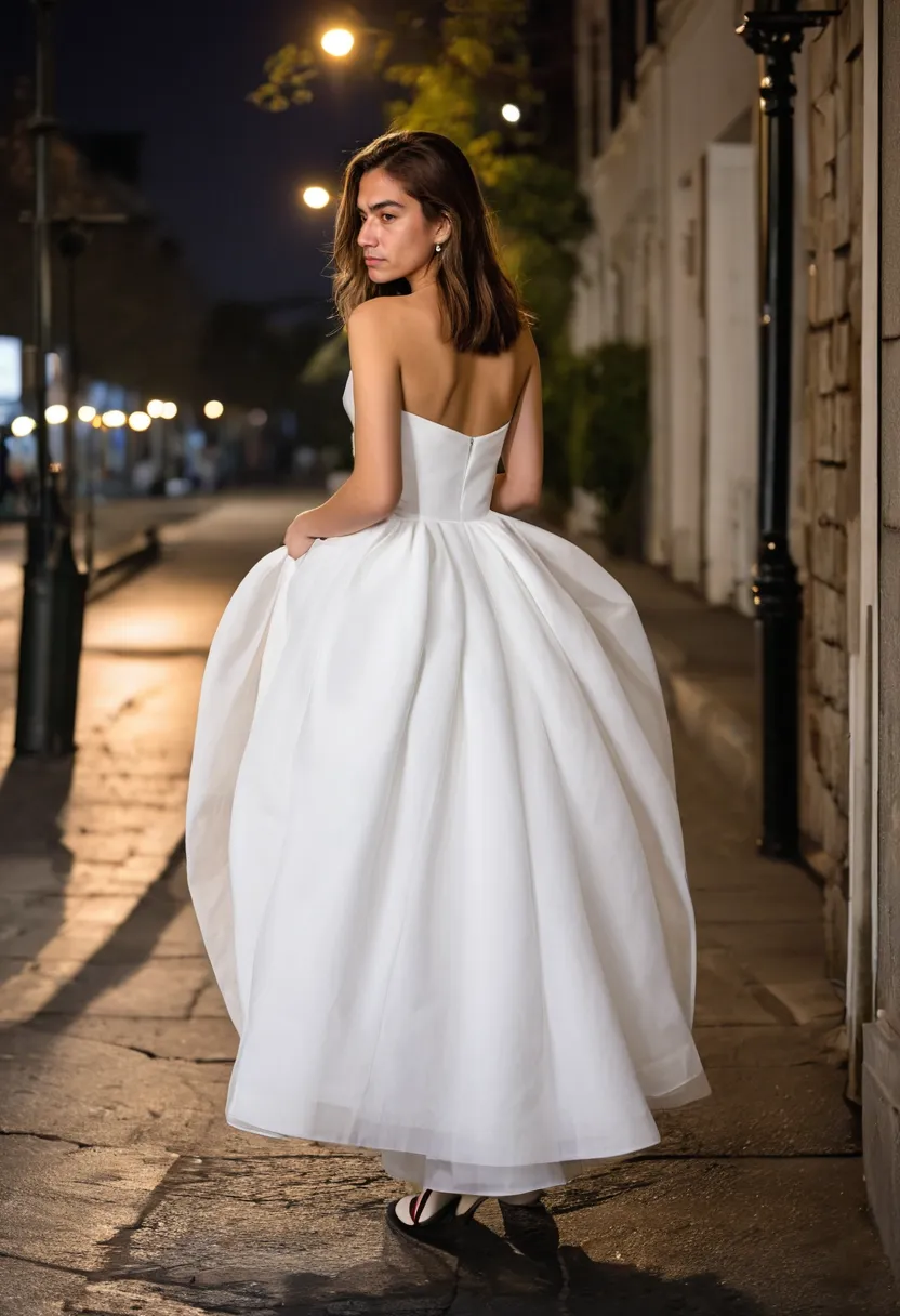 A man wearing a white structured organza dress with stiff bodice and wide skirt, pure white fabric with architectural quality standing away from the body in precise folds on a wet night street