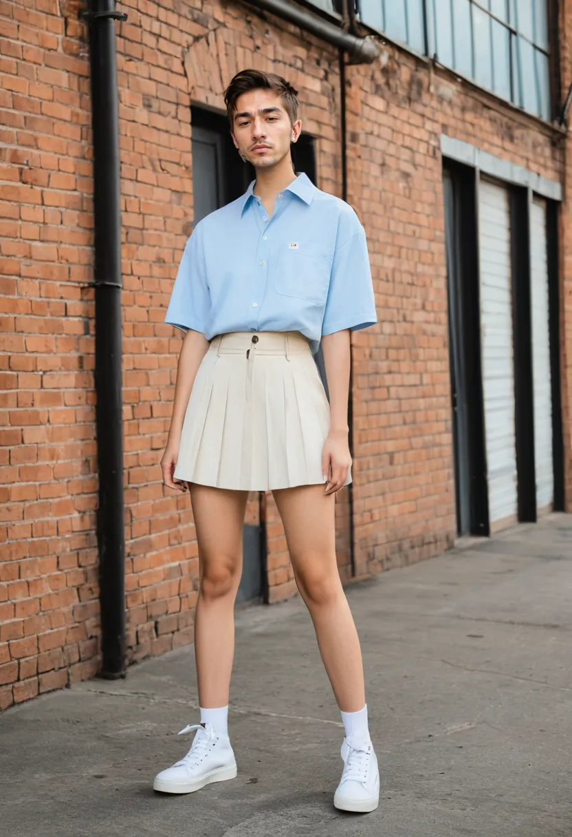 Boy in soft cotton pastel shirt layered over a pleated ivory skirt in an industrial loft