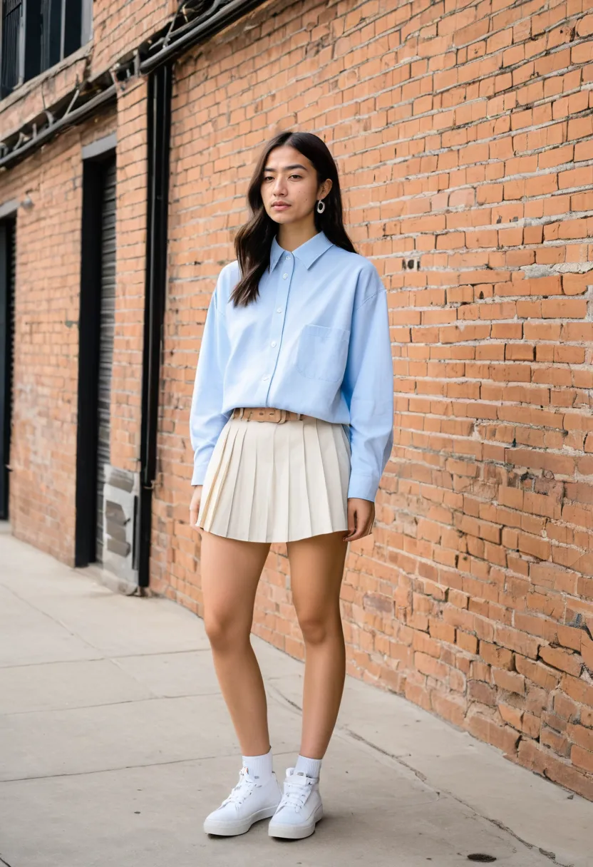 K-pop inspired outfit with oversized pastel blue shirt and ivory pleated mini skirt