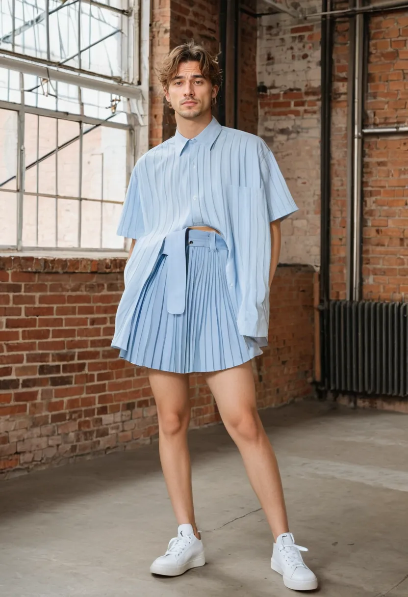 Man wearing an oversized pastel blue soft cotton shirt with an ivory pleated mini skirt, shirt flowing untucked over the skirt waistband