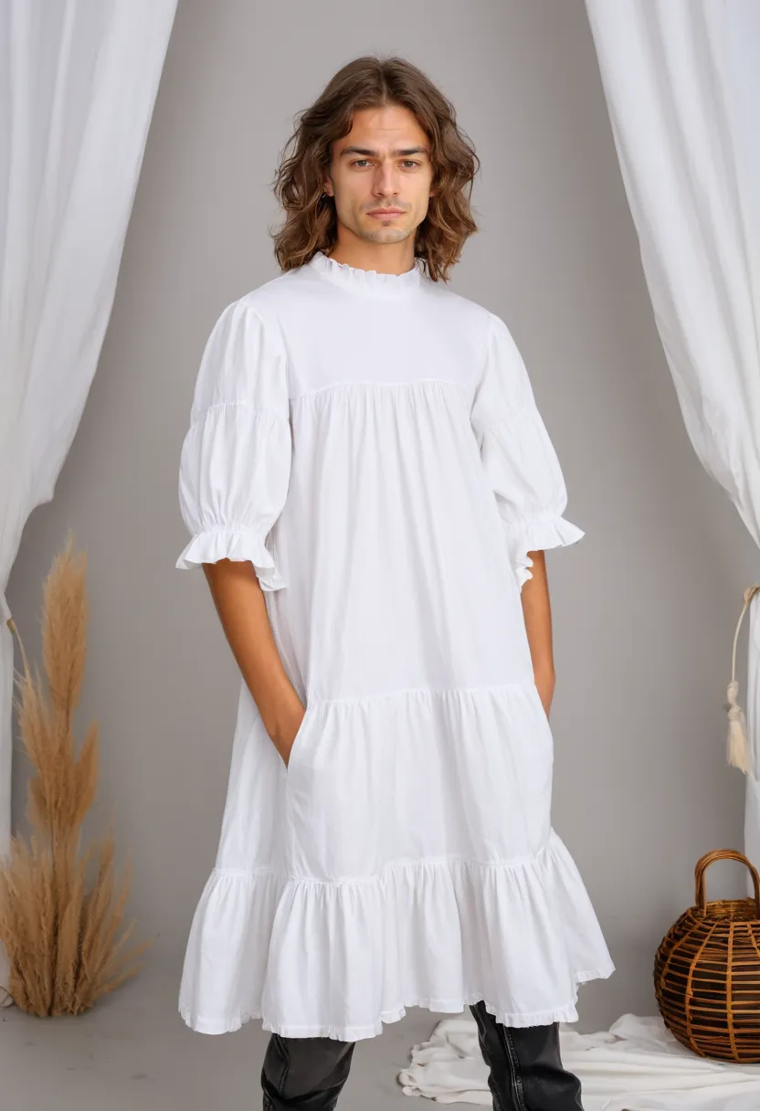 Feminine prairie dress styling with ruffled hem and wide sleeves suited to outdoor photography